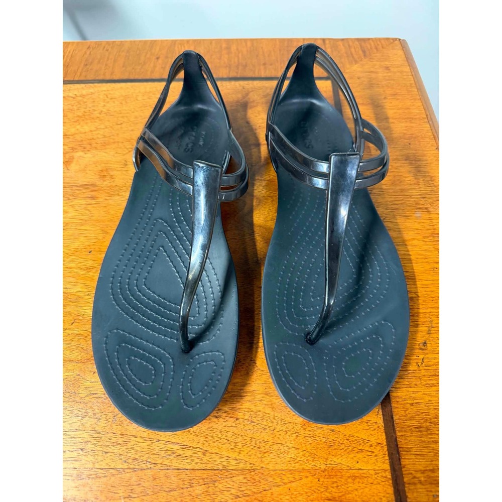 Crocs Womens 8 Black Isabella T-Strap Sandals Jelly Flat Comfort Shoes